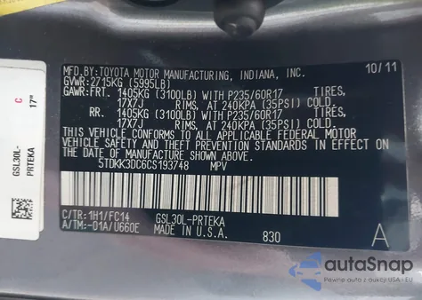 2012 Toyota Sienna Le V6 8 Passenger из США, поврежденный, VIN 5TDKK3DC6CS193748